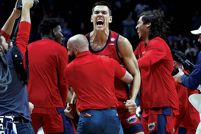 Florida Atlantic Owls center Vladislav Goldin reacts to defeating the Memphis Tigers at Nationwide Arena.